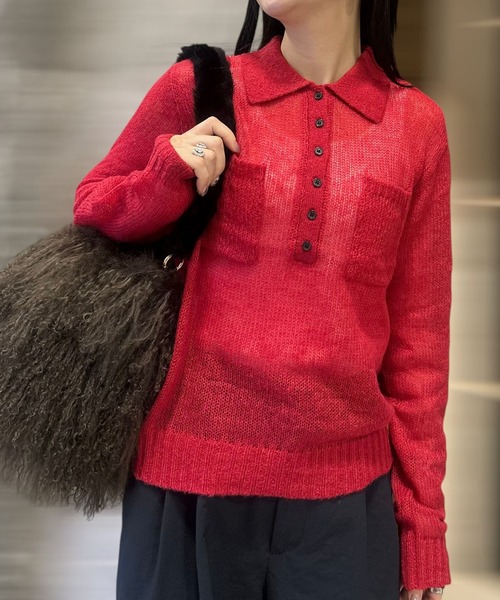 Human 2nd Occasion(ヒューマンセカンドオケージョン)の「シアーニットポロシャツ(ニット/セーター・レディース・チャコールグレー/レッド・FREE)」の5枚目の写真
