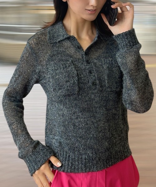 Human 2nd Occasion(ヒューマンセカンドオケージョン)の「シアーニットポロシャツ(ニット/セーター・レディース・チャコールグレー/レッド・FREE)」の12枚目の写真
