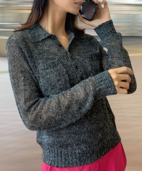 Human 2nd Occasion(ヒューマンセカンドオケージョン)の「シアーニットポロシャツ(ニット/セーター・レディース・チャコールグレー/レッド・FREE)」の13枚目の写真