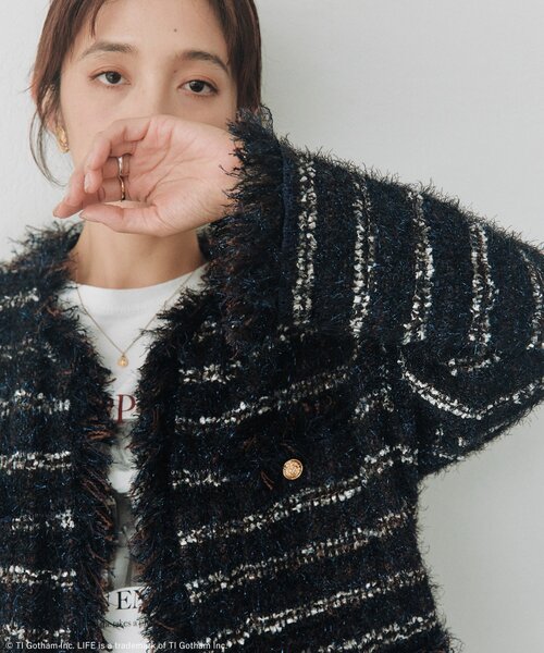 RIVE DROITE(リヴドロワ)の「ツイードニットカーデ(秋服/冬服/オフィスカジュアル)(カーディガン/ボレロ・レディース・ネイビー/ブラック・FREE)」の2枚目の写真