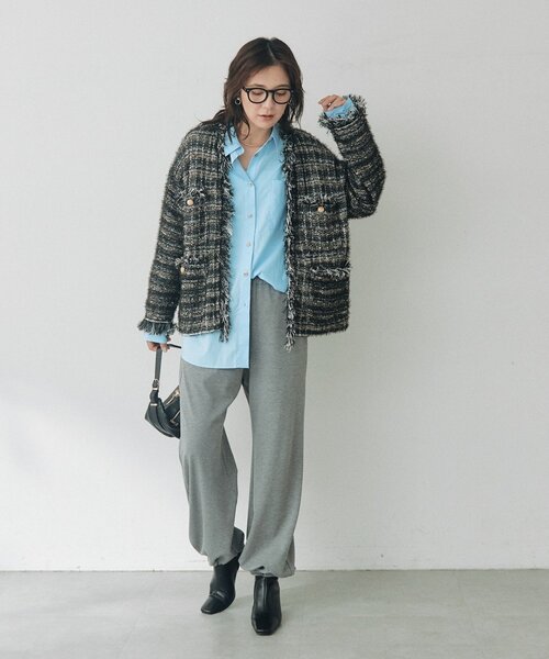 RIVE DROITE(リヴドロワ)の「ツイードニットカーデ(秋服/冬服/オフィスカジュアル)(カーディガン/ボレロ・レディース・ネイビー/ブラック・FREE)」の4枚目の写真