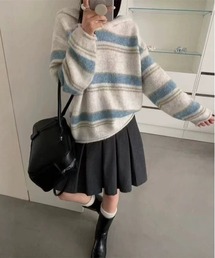フード付きボーダー柄ニットトップス