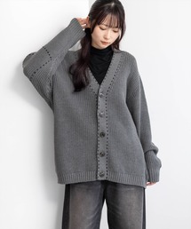 CLEAR BASIC | 配色ハンドステッチロングニットカーディガン［骨格ナチュラル／大人カジュアル］(カーディガン/ボレロ)