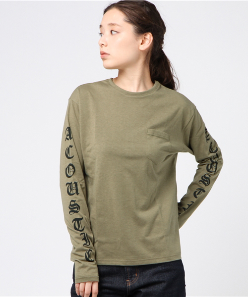 Honeys（ハニーズ）の「袖ロゴプリントＴシャツ（Tシャツ/カットソー・レディース・ブラック/カーキ/オフホワイト/杢グレー・S/M/L）」の4枚目の写真