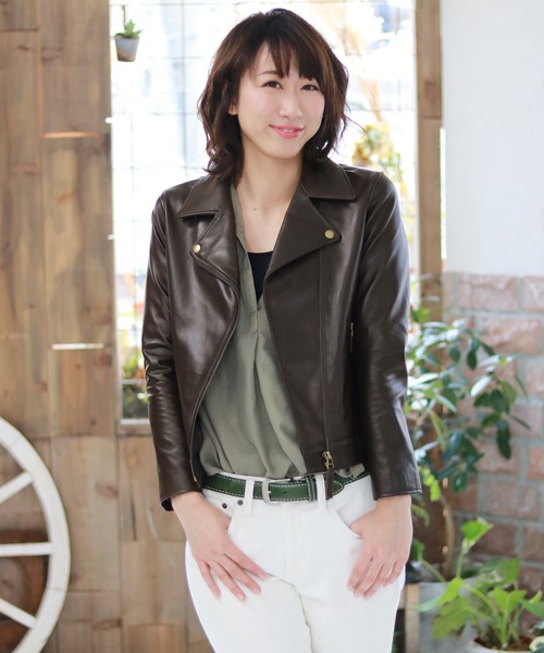 sankyo shokai(サンキョウショウカイ)の「ラム レザー ライダース ジャケット(ライダースジャケット・レディース・ブラック/ダークブラウン/グレイッシュベージュ/ベージュ/ボルドー・11号/7号/9号)」の3枚目の写真
