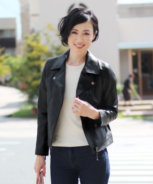 sankyo shokai(サンキョウショウカイ)の「ラム レザー ライダース ジャケット(ライダースジャケット・レディース・ブラック/ダークブラウン/グレイッシュベージュ/ベージュ/ボルドー・11号/7号/9号)」の2枚目の写真