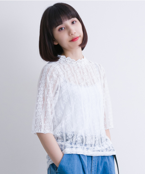 MERLOT（メルロー）の「スタンドカラーレースブラウス1047（シャツ/ブラウス・レディース・ホワイト/ブラック・FREE）」の2枚目の写真