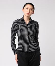 NARACAMICIE | ストライプ切り替えスタンドカラーシャツ(ビジネスシャツ)