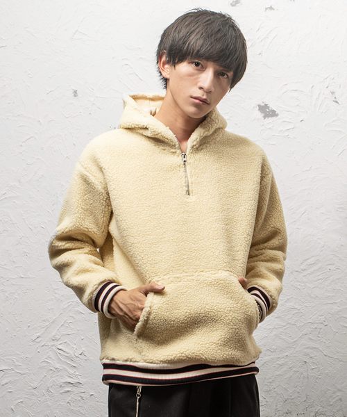 MinoriTY(マイノリティ)の「ボア素材リブラインハーフZIPパーカー(パーカー・メンズ・ブルー/モカ/クリーム/ブラック・L/XL/M)」の3枚目の写真