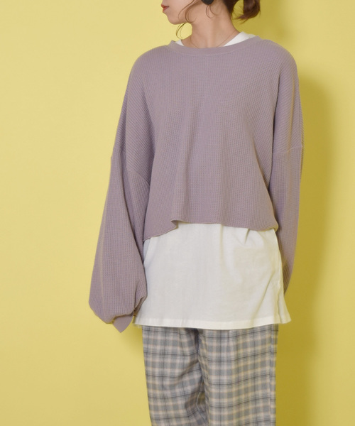 w closet(ダブルクローゼット)の「ワッフルワイドクロップドプルオーバー(Tシャツ/カットソー・レディース・アイボリー/ラベンダー/グリーン系その他・FREE)」の3枚目の写真