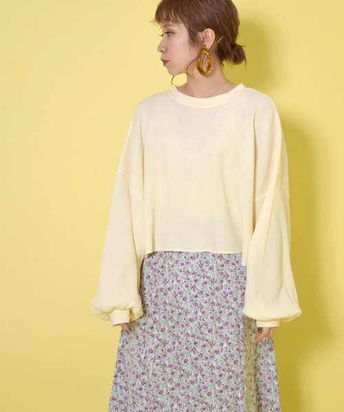 w closet(ダブルクローゼット)の「ワッフルワイドクロップドプルオーバー(Tシャツ/カットソー・レディース・アイボリー/ラベンダー/グリーン系その他・FREE)」の2枚目の写真