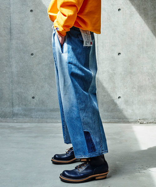 SEVESKIG（セヴシグ）の「SEVESKIG セヴシグ / VINTAGE UPSYCLE  PANTS ヴィンテージ アップサイクル パンツ リメイクデニム / PT-SV-KA-1003（デニムパンツ・メンズ・ブラック/インディゴブルー・SMALL/MEDIUM/LARGE/X-LARGE）」の2枚目の写真