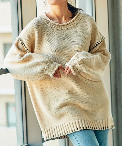 KOBE LETTUCE（コウベレタス）の「ハンドステッチビッグシルエットニットトップス（ニット/セーター・レディース・ベージュ/ブルー系その他/ブラウン/ブラック・FREE）」の6枚目の写真