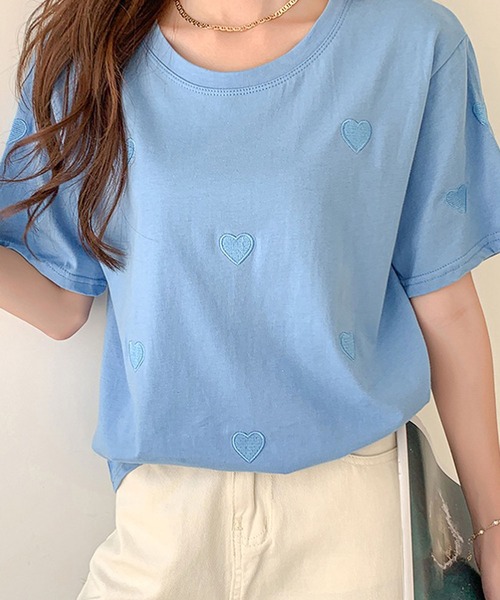 Bifrost(ビフレスト)の「ハート刺繍Tシャツ(Tシャツ/カットソー・レディース・パープル/ピンク/ブルー・M/L)」の6枚目の写真