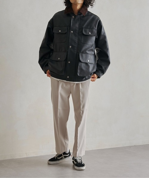 ハーフコート 合皮 襟コーデュロイ ジャケット