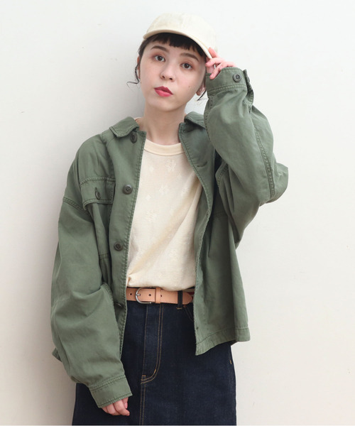 My Fav. CHILD WOMAN(マイファブチャイルドウーマン)の「綿ツイル 硫化染めBIGアーミージャケット(ミリタリージャケット・レディース・カーキ・FREE)」の17枚目の写真