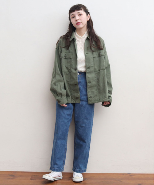 My Fav. CHILD WOMAN(マイファブチャイルドウーマン)の「綿ツイル 硫化染めBIGアーミージャケット(ミリタリージャケット・レディース・カーキ・FREE)」の8枚目の写真