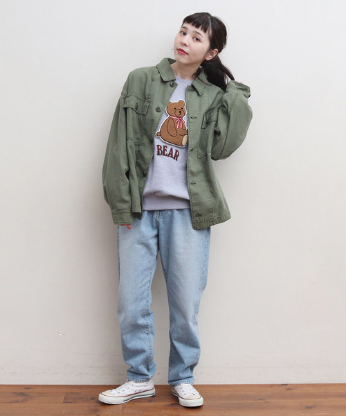 My Fav. CHILD WOMAN(マイファブチャイルドウーマン)の「綿ツイル 硫化染めBIGアーミージャケット(ミリタリージャケット・レディース・カーキ・FREE)」の16枚目の写真