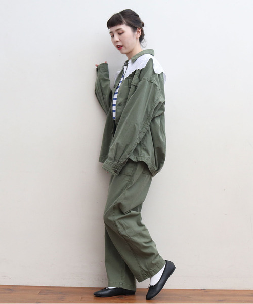 My Fav. CHILD WOMAN(マイファブチャイルドウーマン)の「綿ツイル 硫化染めBIGアーミージャケット(ミリタリージャケット・レディース・カーキ・FREE)」の22枚目の写真