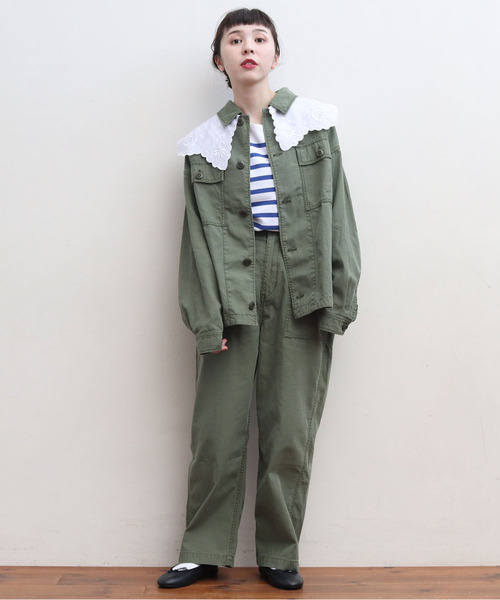 My Fav. CHILD WOMAN(マイファブチャイルドウーマン)の「綿ツイル 硫化染めBIGアーミージャケット(ミリタリージャケット・レディース・カーキ・FREE)」の12枚目の写真