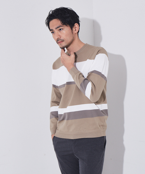 ABAHOUSE GRAY(アバハウスグレイ)の「【ウォッシャブル】パネルボーダー ニット(ニット/セーター・メンズ・ホワイト/ベージュ/ネイビー・46/48)」の1枚目の写真
