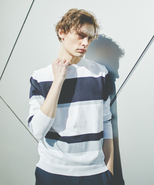 ABAHOUSE GRAY(アバハウスグレイ)の「【ウォッシャブル】パネルボーダー ニット(ニット/セーター・メンズ・ホワイト/ベージュ/ネイビー・46/48)」の2枚目の写真