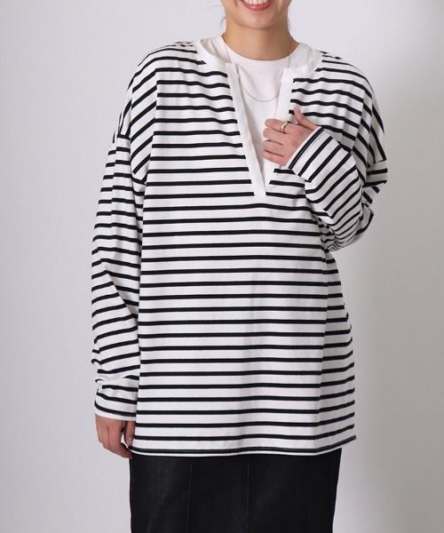 sara&cake（サラアンドケイク）の「キーネックサイドスリットオーバーサイズボーダーロングスリーブカットソー（Tシャツ/カットソー・レディース・ブラック/ブルー/オレンジ・FREE）」の5枚目の写真