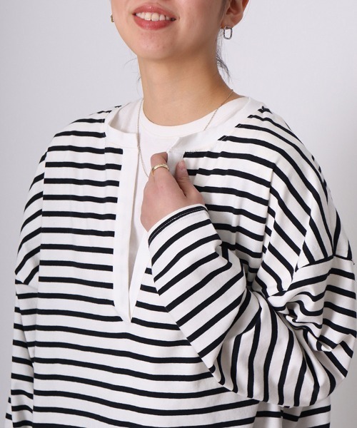 sara&cake（サラアンドケイク）の「キーネックサイドスリットオーバーサイズボーダーロングスリーブカットソー（Tシャツ/カットソー・レディース・ブラック/ブルー/オレンジ・FREE）」の20枚目の写真