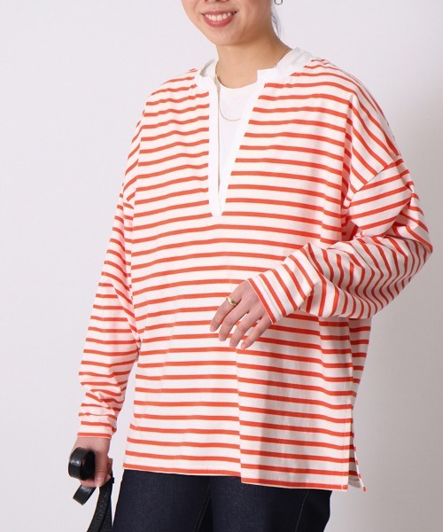 sara&cake（サラアンドケイク）の「キーネックサイドスリットオーバーサイズボーダーロングスリーブカットソー（Tシャツ/カットソー・レディース・ブラック/ブルー/オレンジ・FREE）」の21枚目の写真