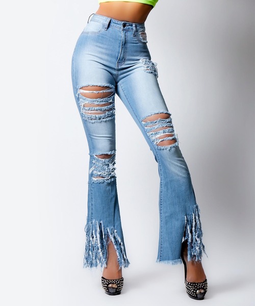 babyShoop(ベイビーシュープ)の「クラッシュフリンジフレアパンツ(デニムパンツ・レディース・ブラック/ブルー・X-LARGE/LARGE/MEDIUM/SMALL)」の1枚目の写真