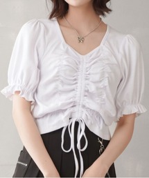 SPINNS（スピンズ）の「ショート丈 ドロストシャーリング スクエアネックカットソー（Tシャツ/カットソー・レディース）」