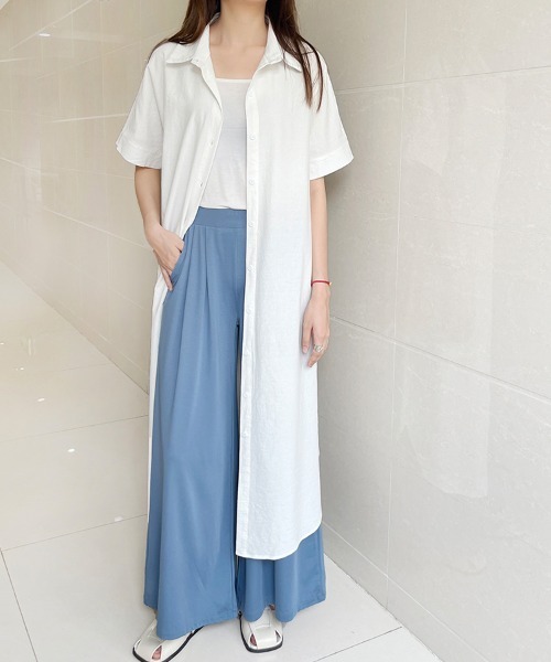 Doux Belle(ドゥーベル)の「麻混2Wayシャツワンピース(シャツワンピース・レディース・ホワイト/ブラック/イエロー・MEDIUM)」の2枚目の写真