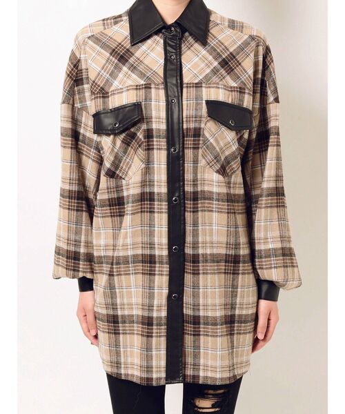 GYDA（ジェイダ）の「フェイクレザードッキングCHECKシャツ（シャツ/ブラウス・レディース・ベージュ/グレー・FREE）」の8枚目の写真