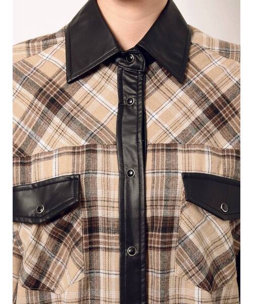 GYDA（ジェイダ）の「フェイクレザードッキングCHECKシャツ（シャツ/ブラウス・レディース・ベージュ/グレー・FREE）」の15枚目の写真
