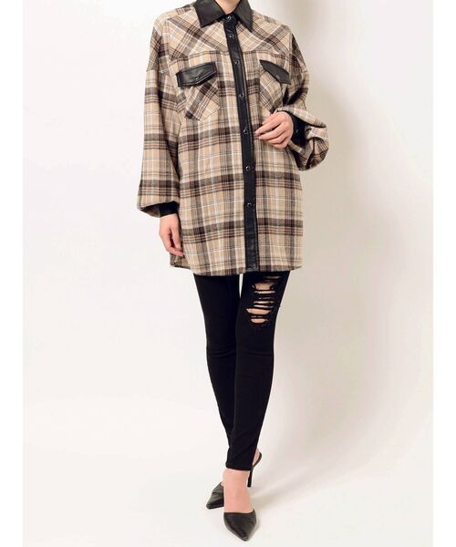 GYDA（ジェイダ）の「フェイクレザードッキングCHECKシャツ（シャツ/ブラウス・レディース・ベージュ/グレー・FREE）」の18枚目の写真