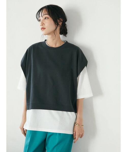 CRAFT STANDARD BOUTIQUE(クラフトスタンダードブティック)の「ミニ裏毛ベスト+5分袖チュニック SET *(ベスト・レディース・ベージュ/グリーン/チャコールグレー・FREE)」の4枚目の写真