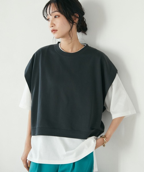 CRAFT STANDARD BOUTIQUE(クラフトスタンダードブティック)の「ミニ裏毛ベスト+5分袖チュニック SET *(ベスト・レディース・ベージュ/グリーン/チャコールグレー・FREE)」の1枚目の写真
