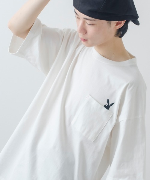 PLAYBOY（プレイボーイ）の「【PLAYBOY】ラビットヘッド 刺繍 ポケット 半袖Tシャツ（Tシャツ/カットソー・メンズ・ホワイト系その他/ブラック/ホワイト/ブラック系その他・LARGE/X-LARGE/MEDIUM）」の2枚目の写真