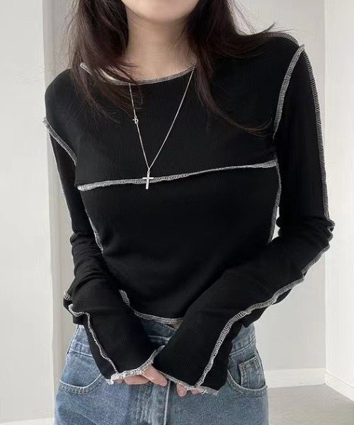 Vipoa(ヴィポア)の「アウトステッチショートトップス(Tシャツ/カットソー・レディース・ブラック/グレー/ホワイト・FREE)」の3枚目の写真