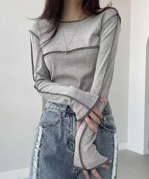 Vipoa(ヴィポア)の「アウトステッチショートトップス(Tシャツ/カットソー・レディース・ブラック/グレー/ホワイト・FREE)」の8枚目の写真