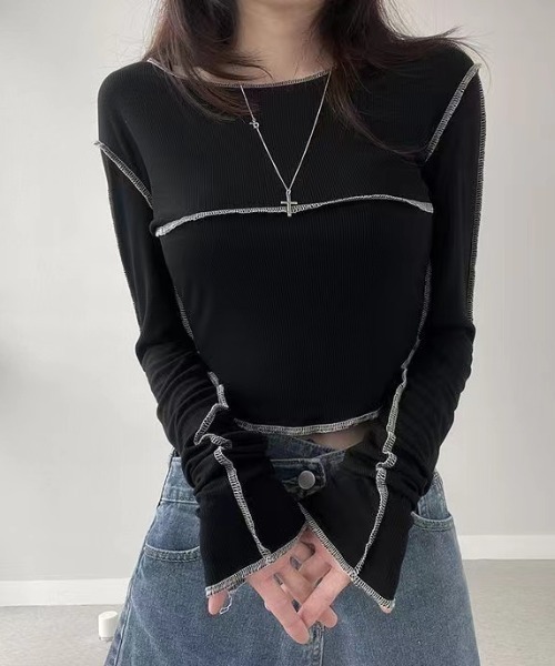 Vipoa(ヴィポア)の「アウトステッチショートトップス(Tシャツ/カットソー・レディース・ブラック/グレー/ホワイト・FREE)」の9枚目の写真