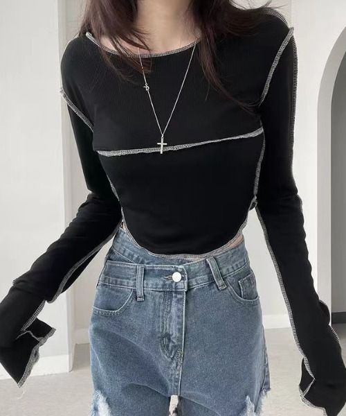 Vipoa(ヴィポア)の「アウトステッチショートトップス(Tシャツ/カットソー・レディース・ブラック/グレー/ホワイト・FREE)」の10枚目の写真