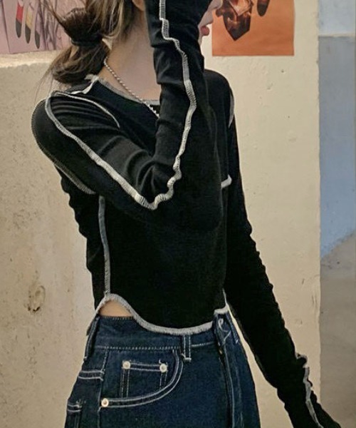 Vipoa(ヴィポア)の「アウトステッチショートトップス(Tシャツ/カットソー・レディース・ブラック/グレー/ホワイト・FREE)」の15枚目の写真