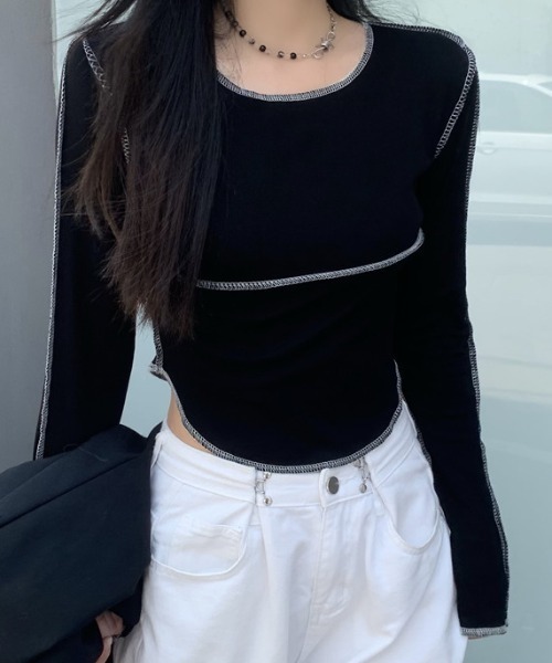 Vipoa(ヴィポア)の「アウトステッチショートトップス(Tシャツ/カットソー・レディース・ブラック/グレー/ホワイト・FREE)」の17枚目の写真