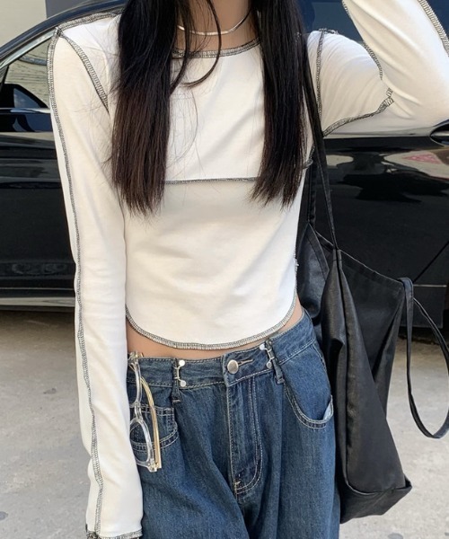 Vipoa(ヴィポア)の「アウトステッチショートトップス(Tシャツ/カットソー・レディース・ブラック/グレー/ホワイト・FREE)」の12枚目の写真