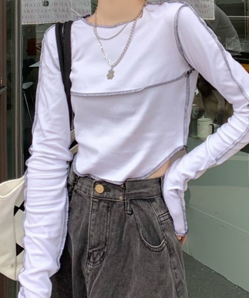 Vipoa(ヴィポア)の「アウトステッチショートトップス(Tシャツ/カットソー・レディース・ブラック/グレー/ホワイト・FREE)」の22枚目の写真