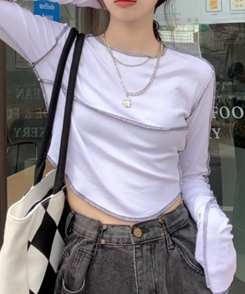 Vipoa(ヴィポア)の「アウトステッチショートトップス(Tシャツ/カットソー・レディース・ブラック/グレー/ホワイト・FREE)」の4枚目の写真