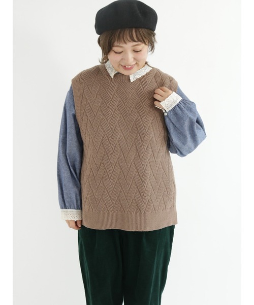 Samansa Mos2（サマンサ モスモス）の「矢羽根柄ニットベスト（ベスト・レディース・ブラック/ベージュ/オレンジ/グリーン/モカ・ﾌﾘ-）」の3枚目の写真