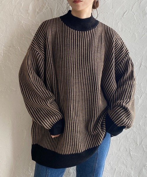 She's Closet(シーズクローゼット)の「バイカラーストライプリブ編みハイネックオーバーサイズニットプルオーバー(ニット/セーター・レディース・オレンジ/ベージュ/アイボリー/ブラック・FREE)」の3枚目の写真