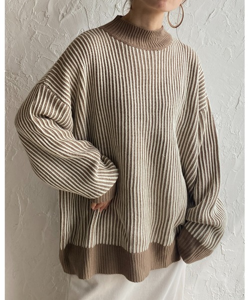 She's Closet(シーズクローゼット)の「バイカラーストライプリブ編みハイネックオーバーサイズニットプルオーバー(ニット/セーター・レディース・オレンジ/ベージュ/アイボリー/ブラック・FREE)」の6枚目の写真
